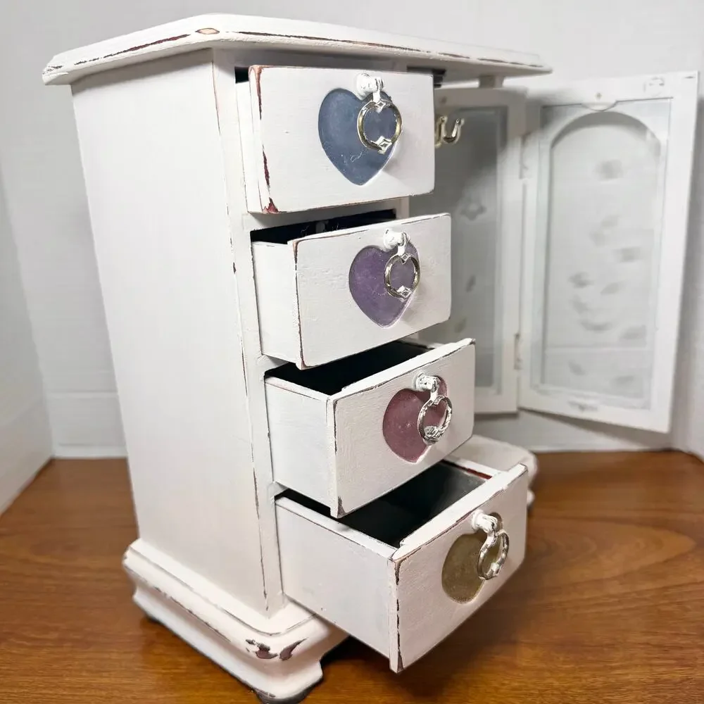 White Wooden Jewelry Box with Hearts Hooks & Drawers Unique